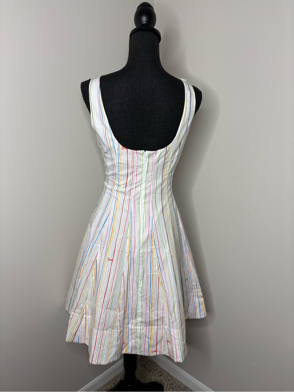 STAUD White Midi Dress with Pastel Rainbow Stripes - Picture 3 of 3